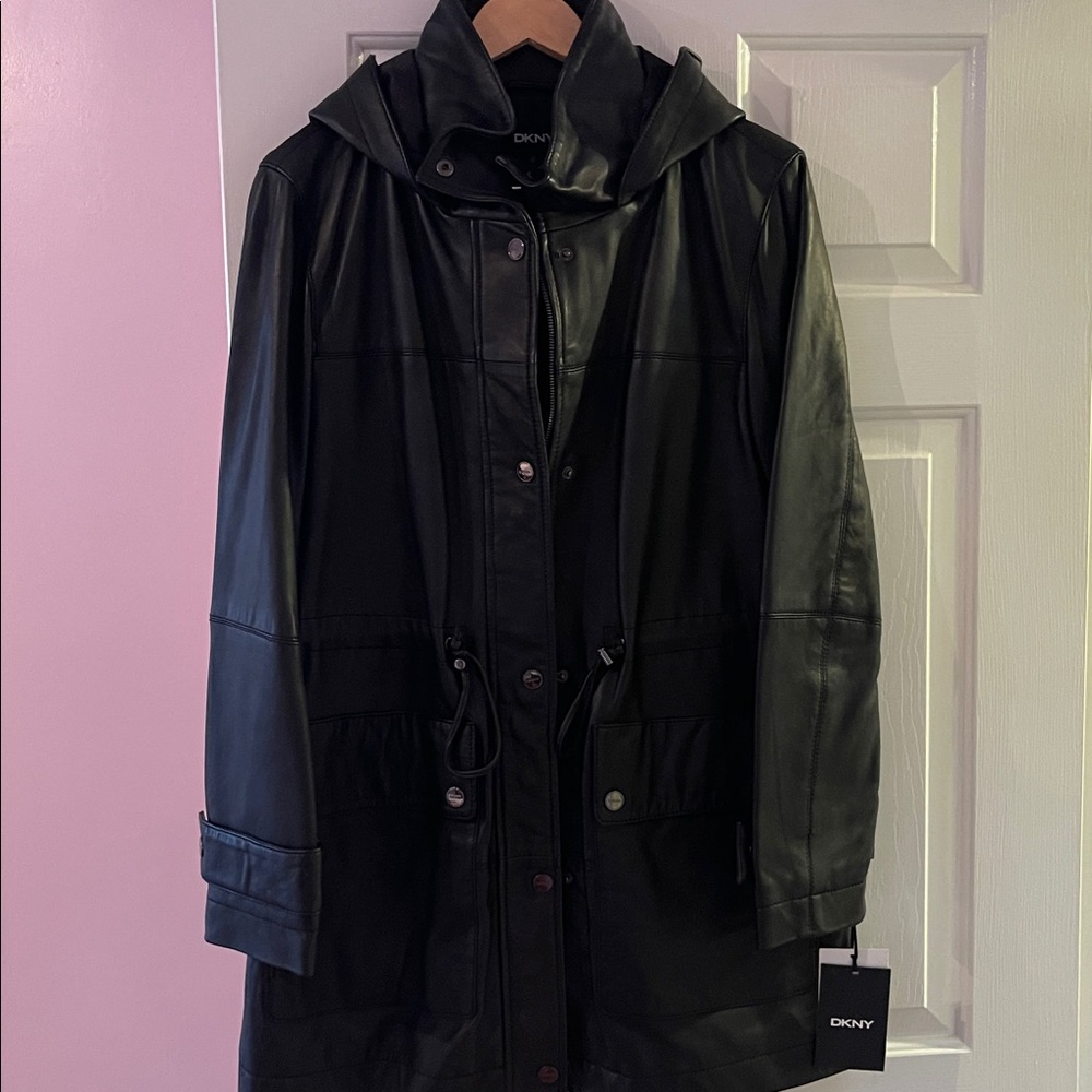 DKNY Black Hooded Leather Jacket